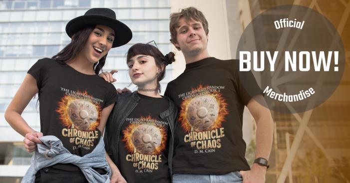 three young people modelling A Chronicle of Chaos t-shirts
